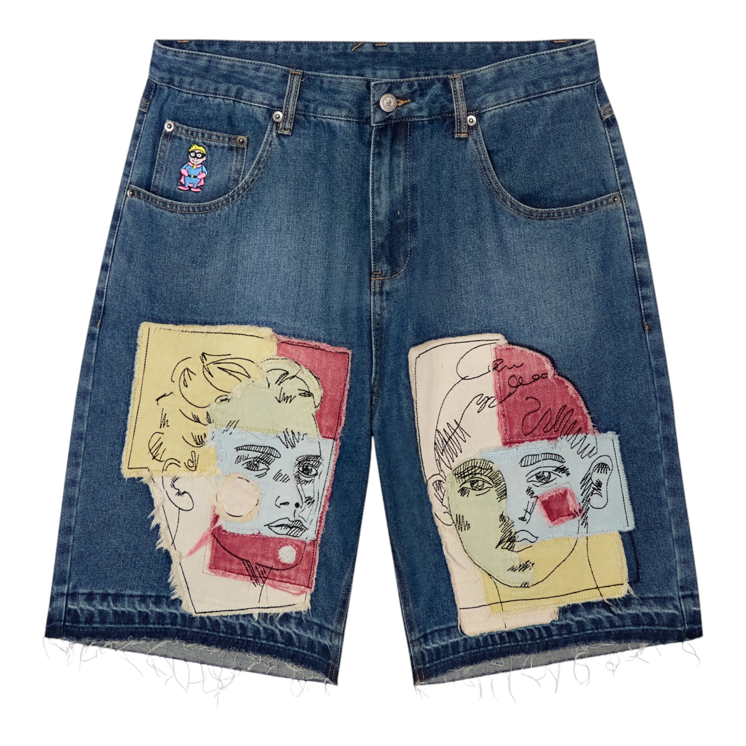 KidSuper Dark Wash Boy & Girl Doodles Patchwork Baggy Shorts Front