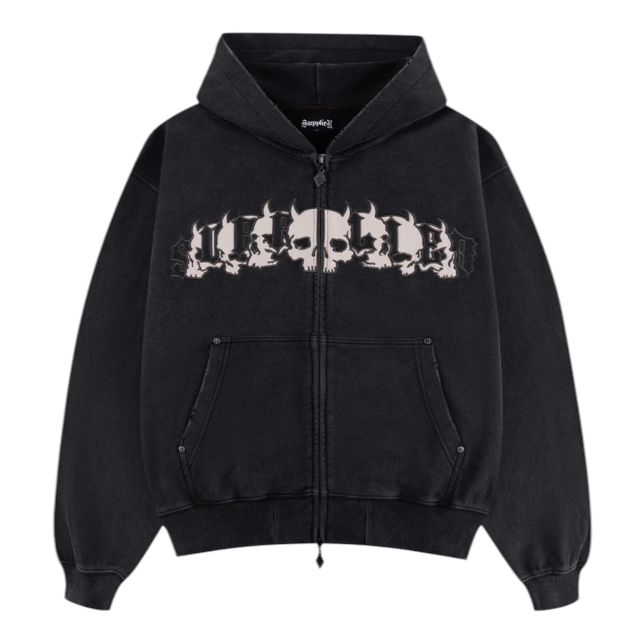 Demon Skull Leather Patch Zip Hoodie - Supplier Tokyo
