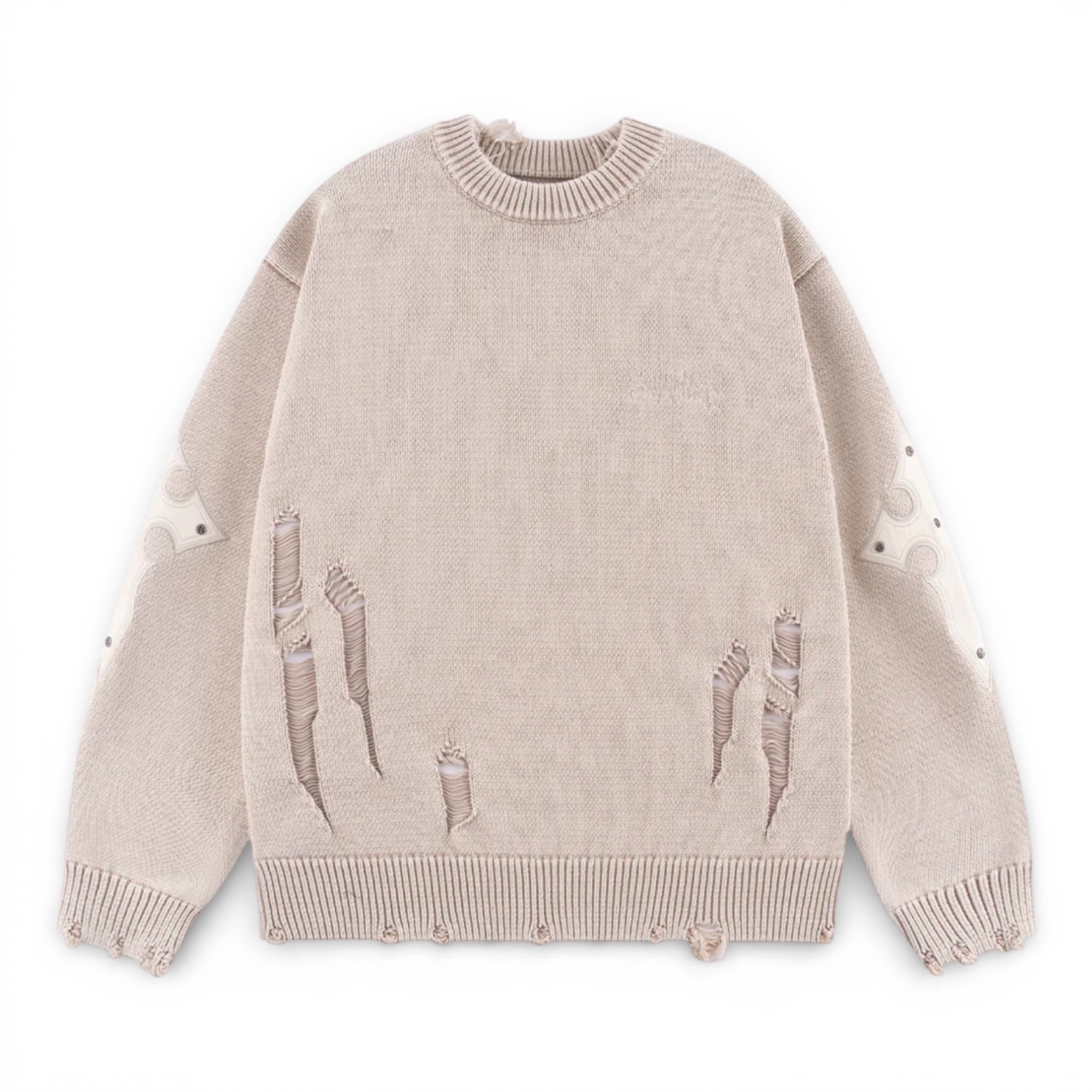 Distressed Cross Leather Patch Crew Knit Beige - Supplier Tokyo