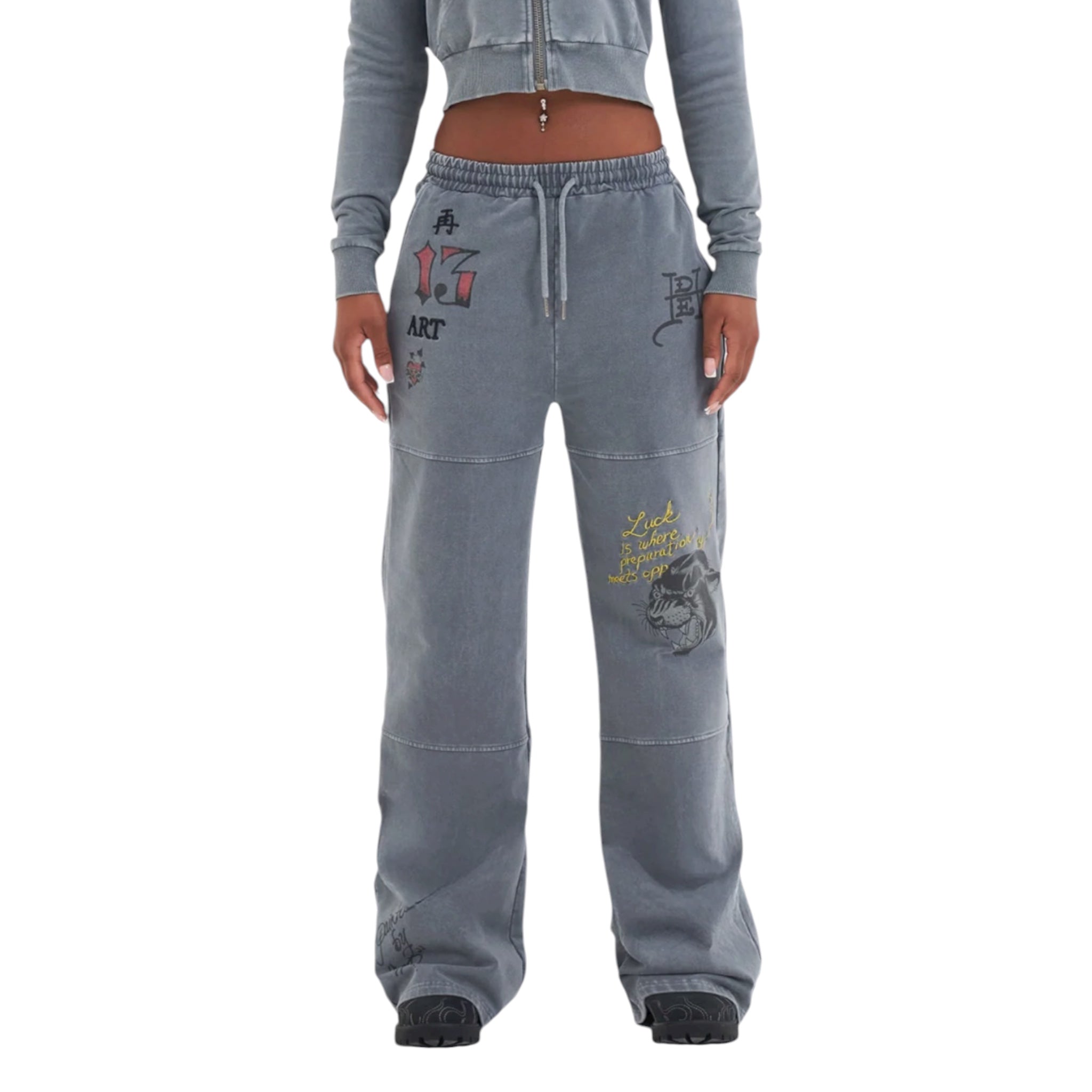 Womens Tattoo Collage Sean Detail Wide Leg Joggers Charcoal - Ed Hardy