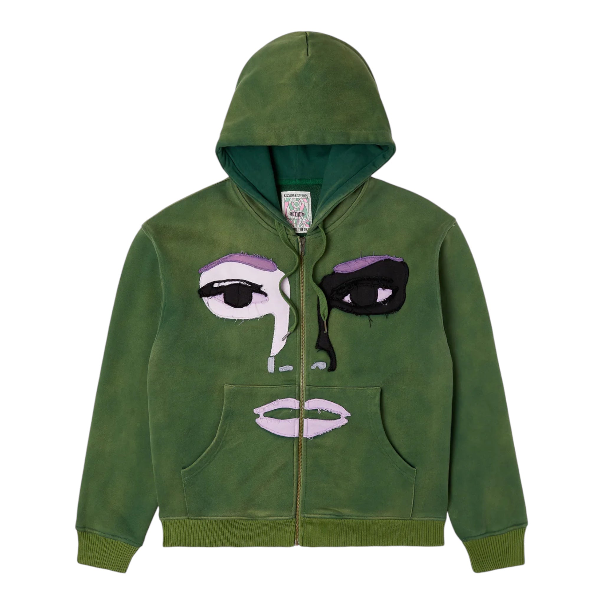 Patchwork Face Washed Heavy Zip Hoodie Green - Kidsuper