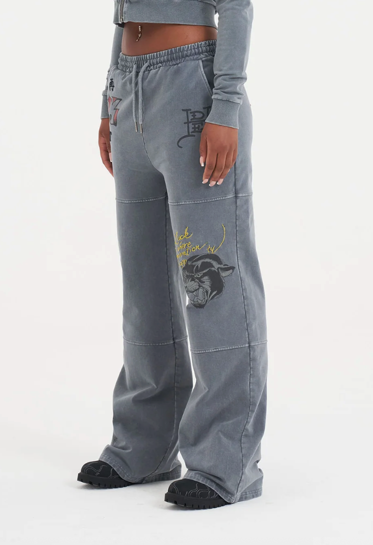 Womens Tattoo Collage Sean Detail Wide Leg Joggers Charcoal - Ed Hardy