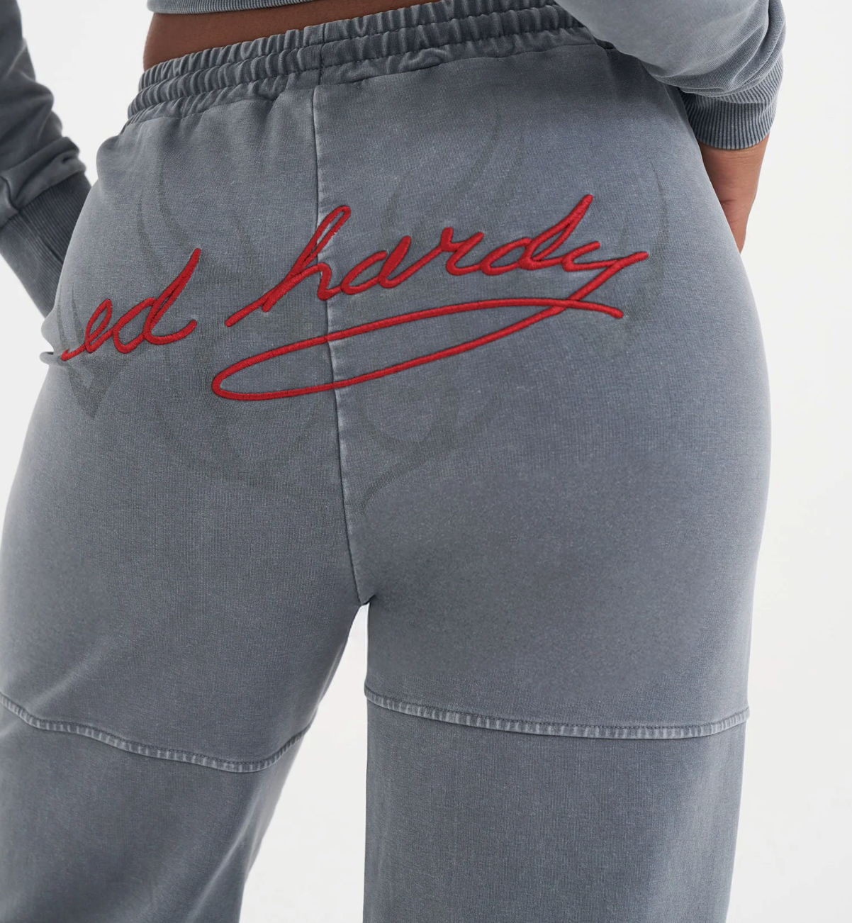 Womens Tattoo Collage Sean Detail Wide Leg Joggers Charcoal - Ed Hardy