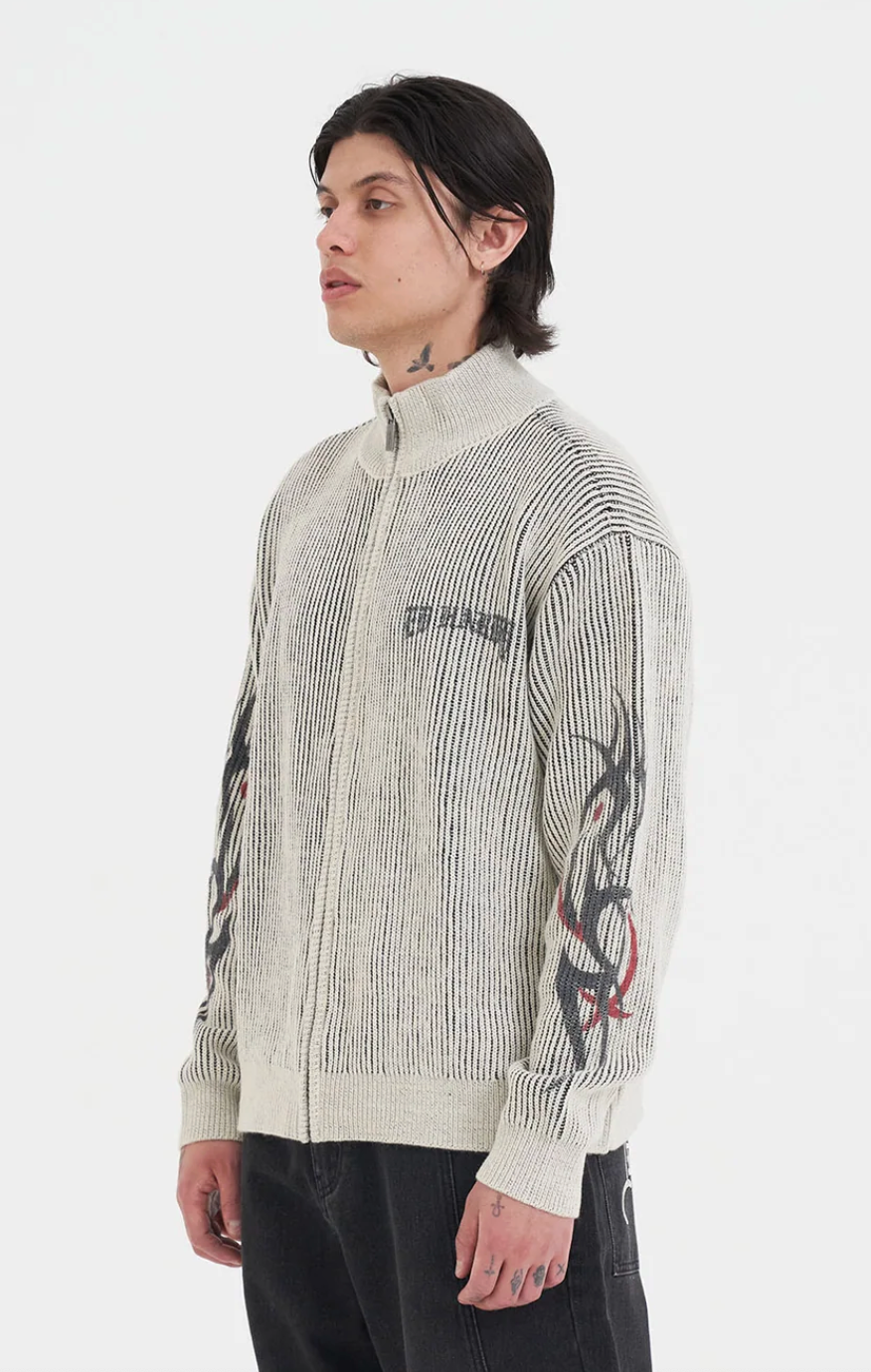 Life Before Honor Fur Detail Knitted Zip Thru Jacket Off White - Ed Hardy