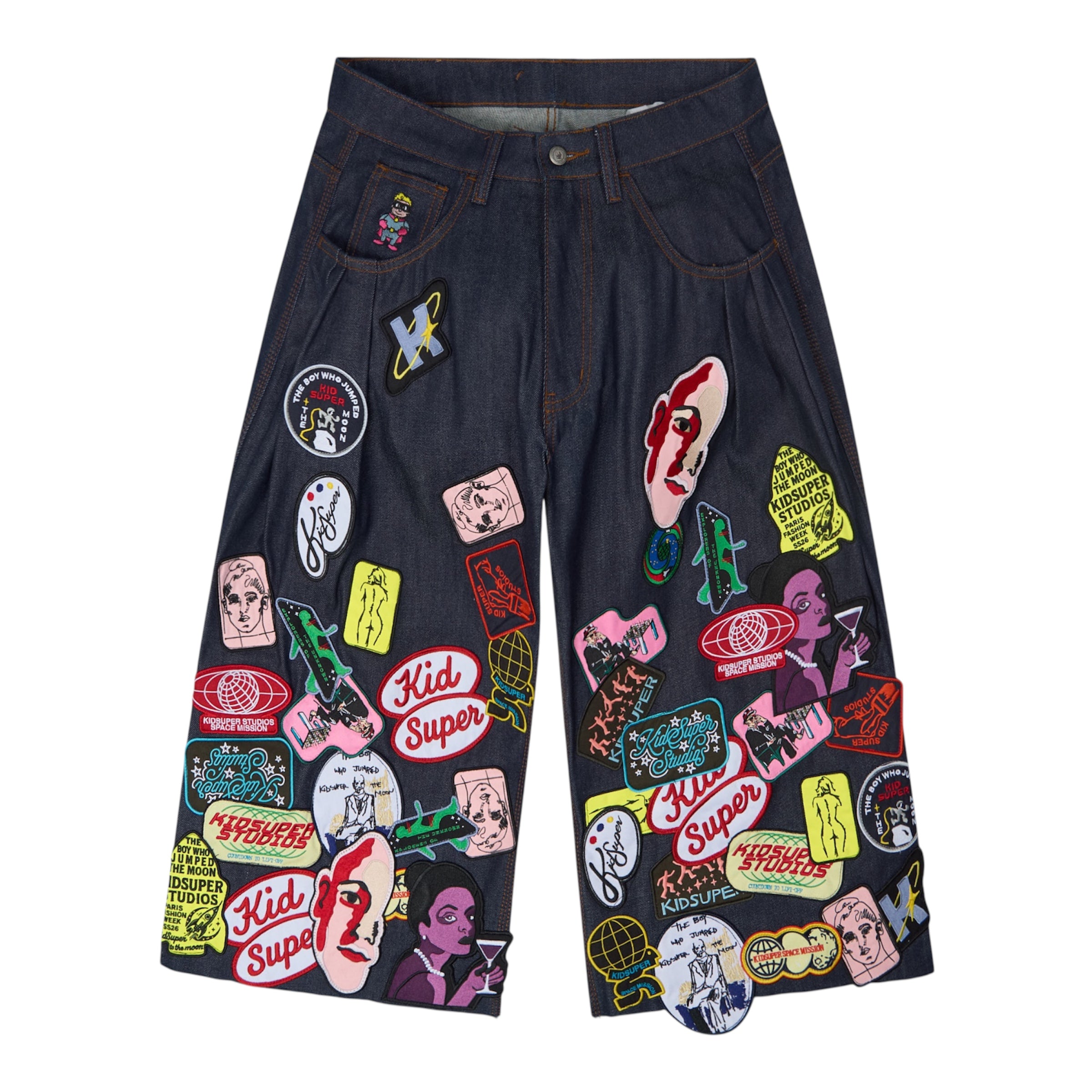Super Long Patches Shorts Raw Denim - KidSuper