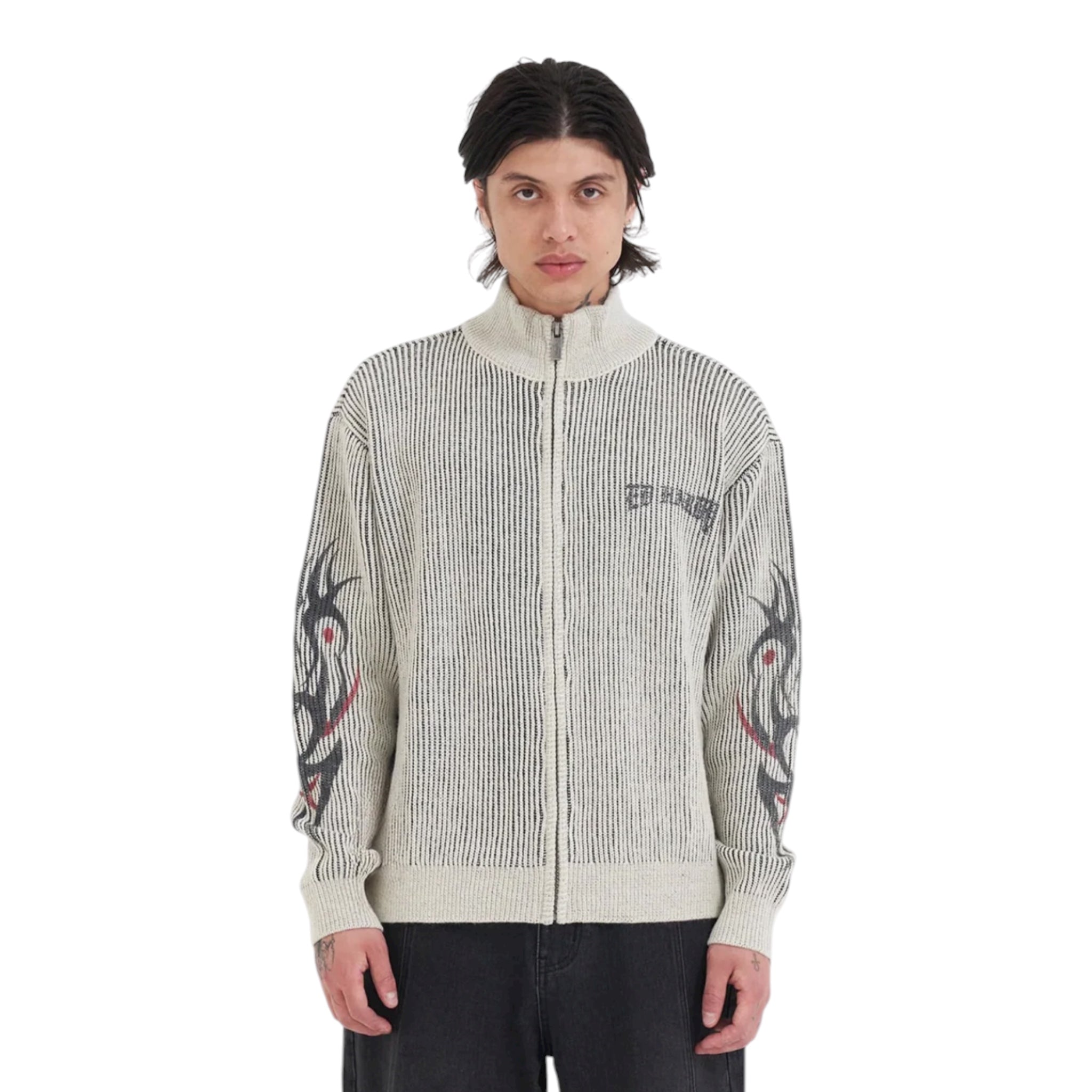Life Before Honor Fur Detail Knitted Zip Thru Jacket Off White - Ed Hardy
