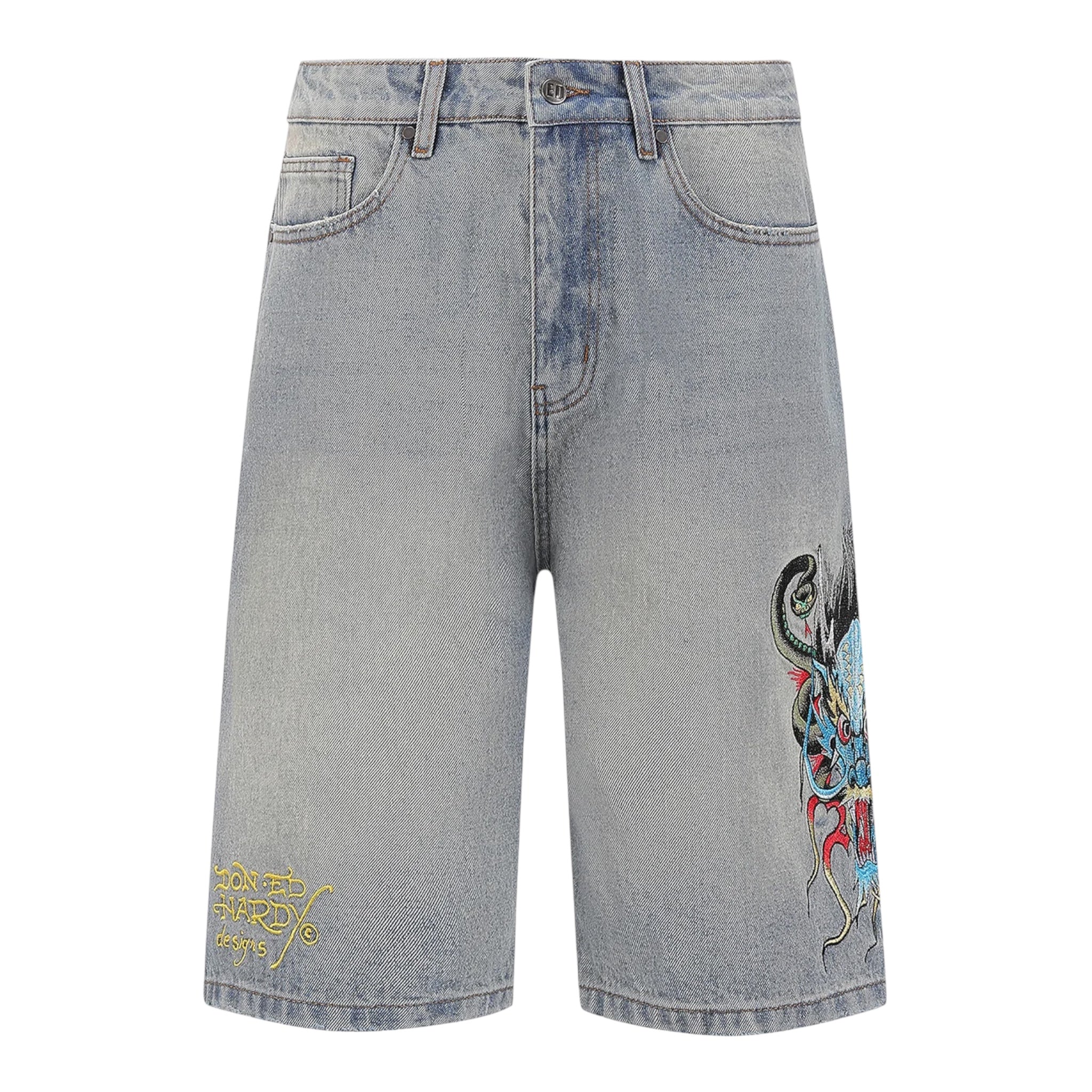 Ed Hardy Medusa Drag Denim Skater Jorts Bleach Front