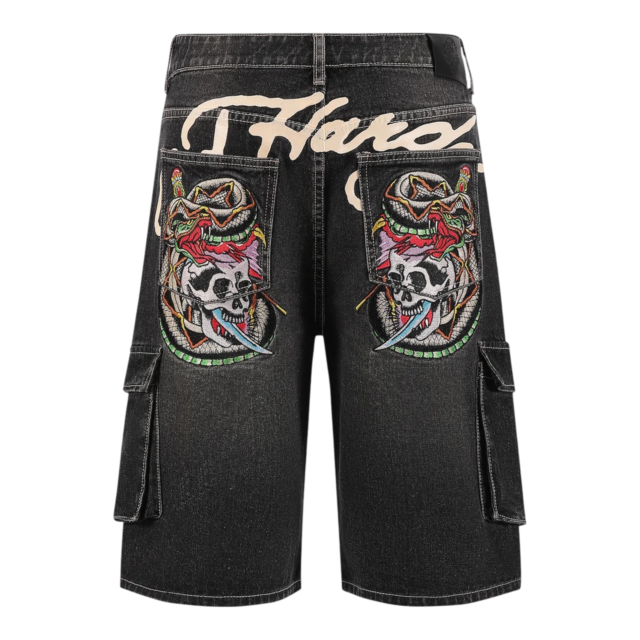 Ed Hardy Skull Dagger Thru Snake Relaxed Denim Cargo Jorts Black Back
