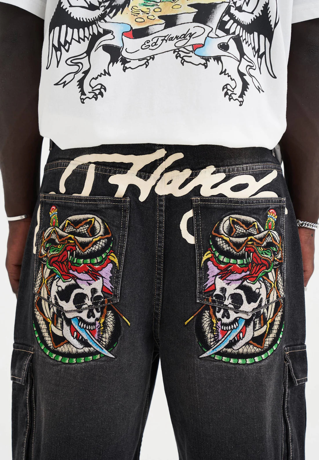Ed Hardy Skull Dagger Thru Snake Relaxed Denim Cargo Jorts Black Fit