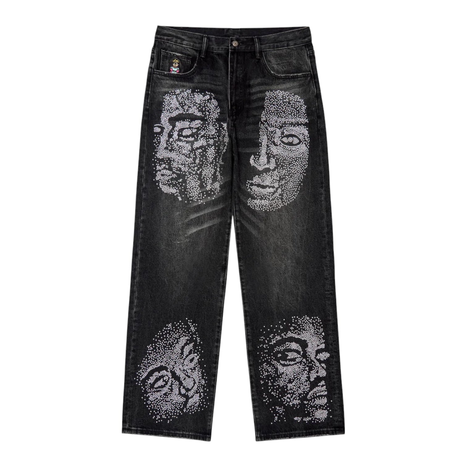 KidSuper Black Rhinestone Face Jeans Front 