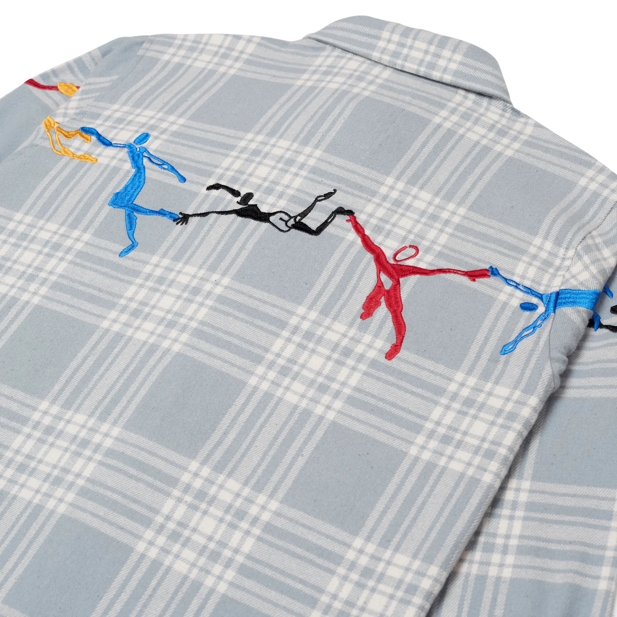 KidSuper Blue Embroidered Swinging Figures Flannel Shirt Detail