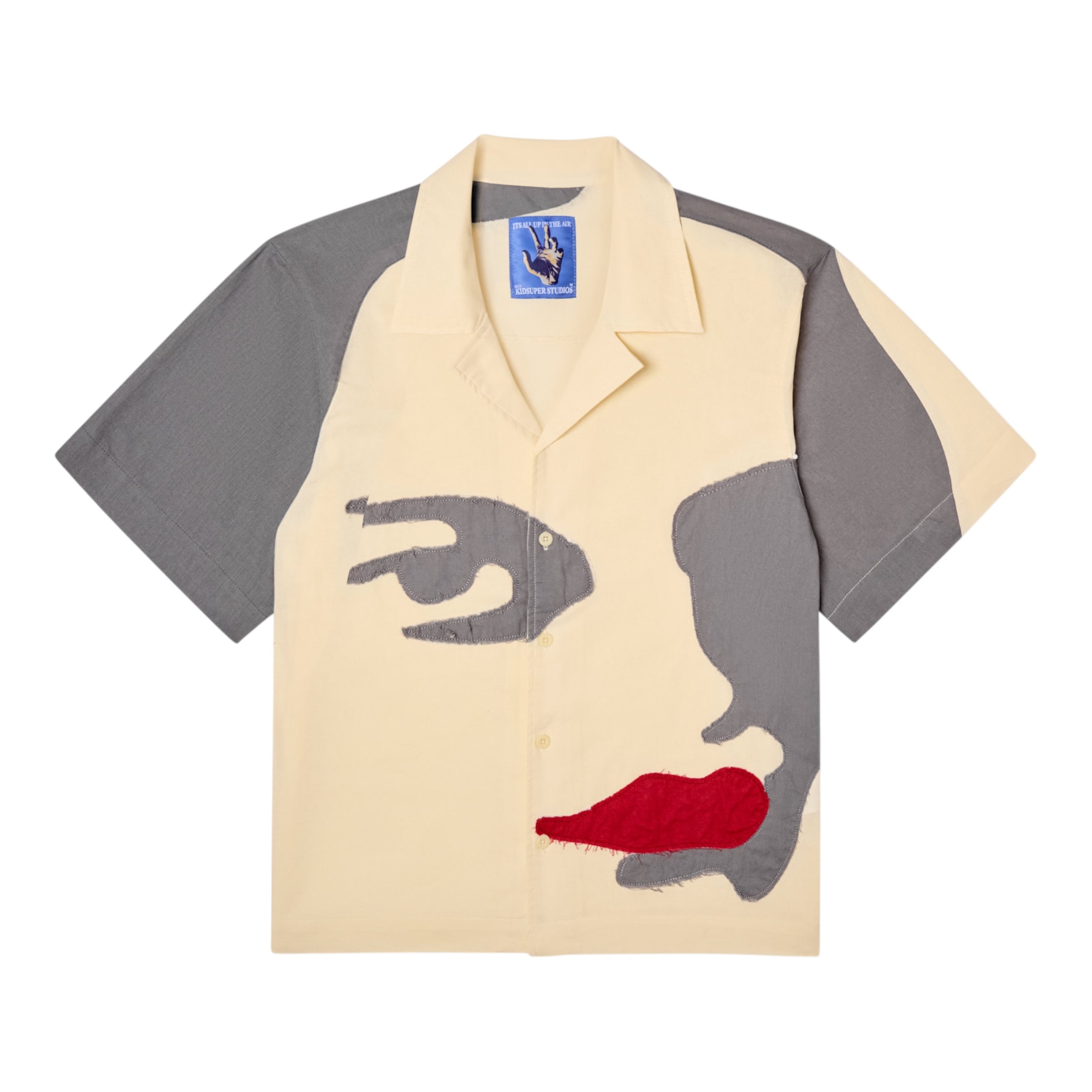 KidSuper Natural / Brown Patchwork Face Linen Camp Shirt Front Pic