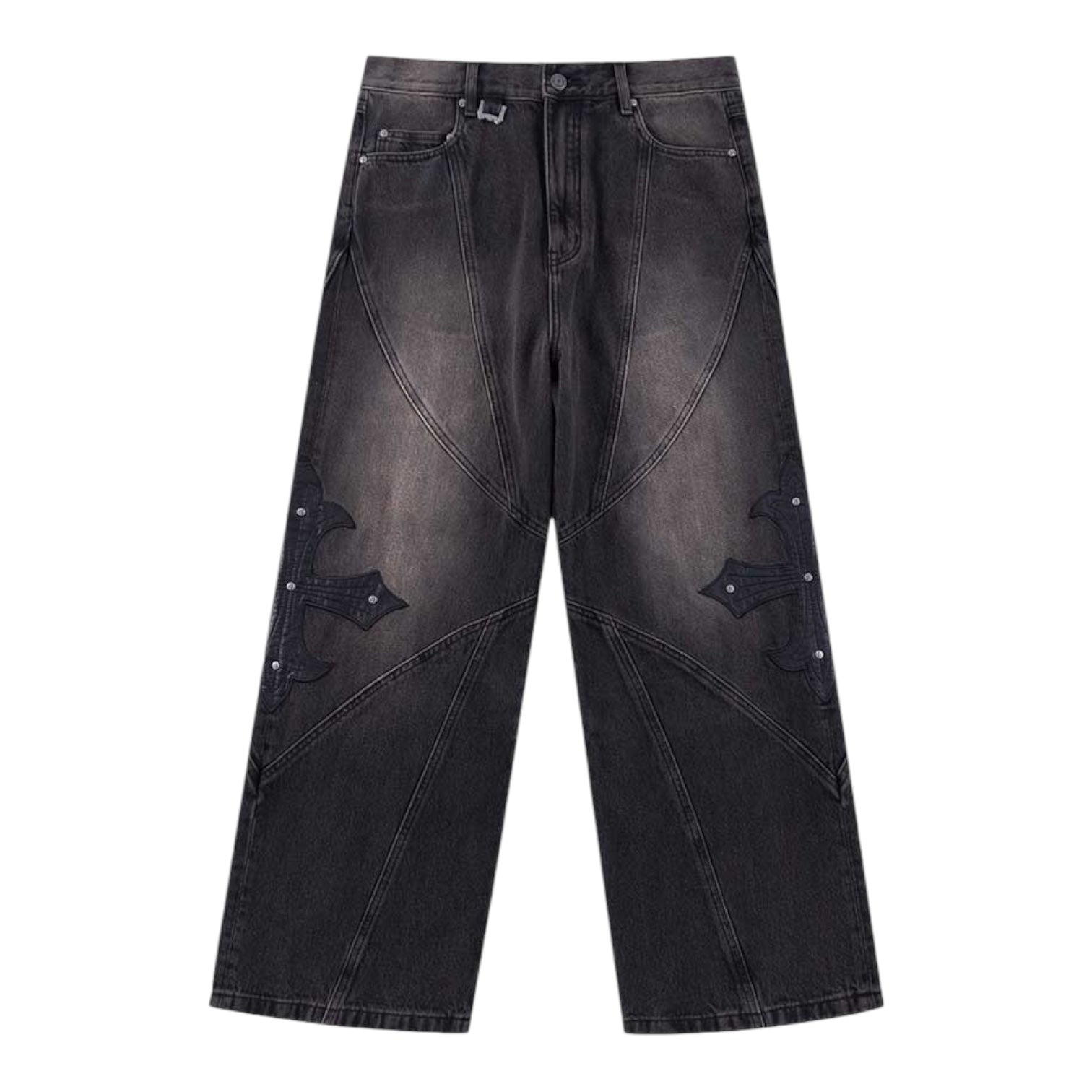デニムパンツ｜Cross Leather Patch Baggy Denim Pants