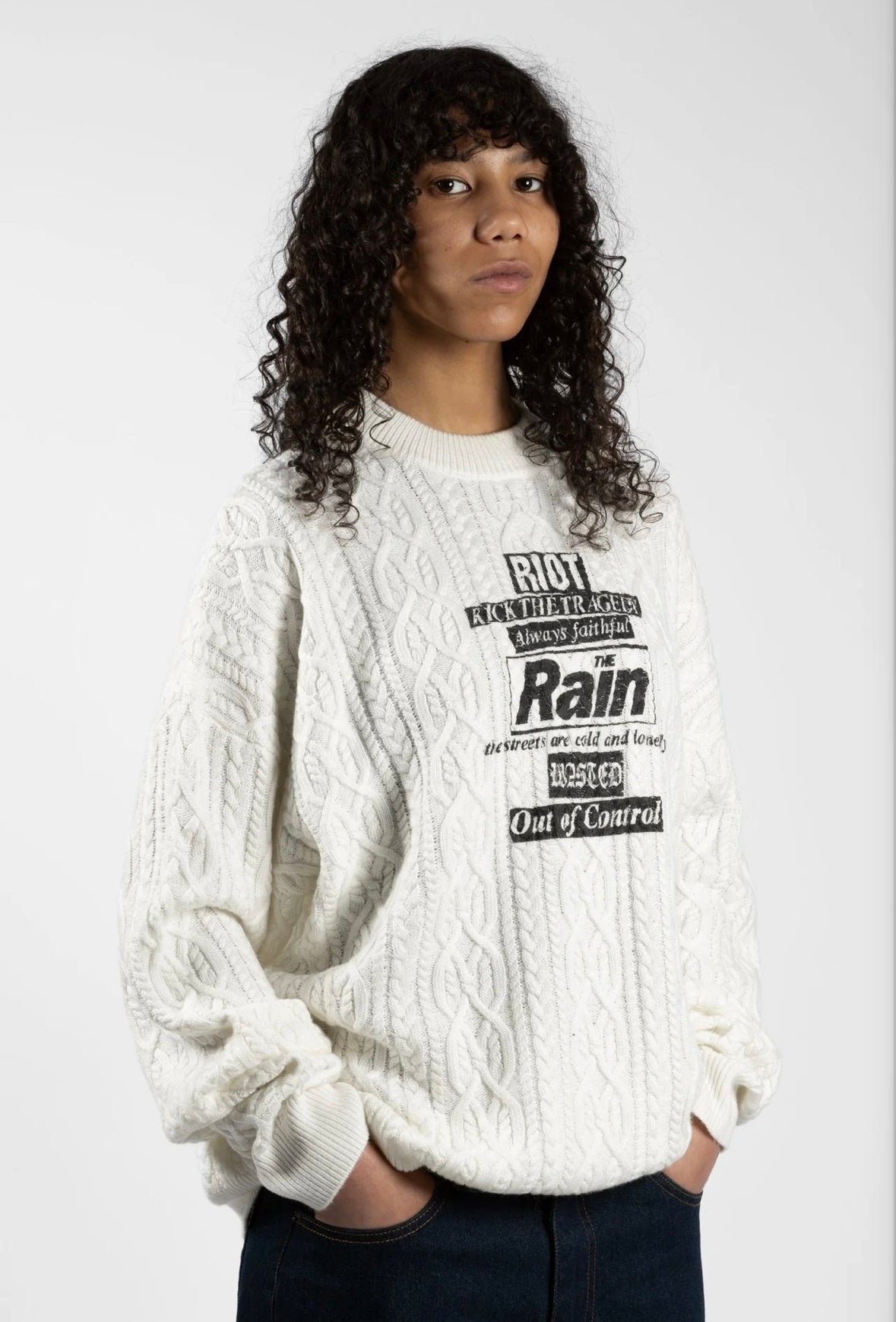 Wasted Paris Rain Cable Sweatshirt Off White Fit